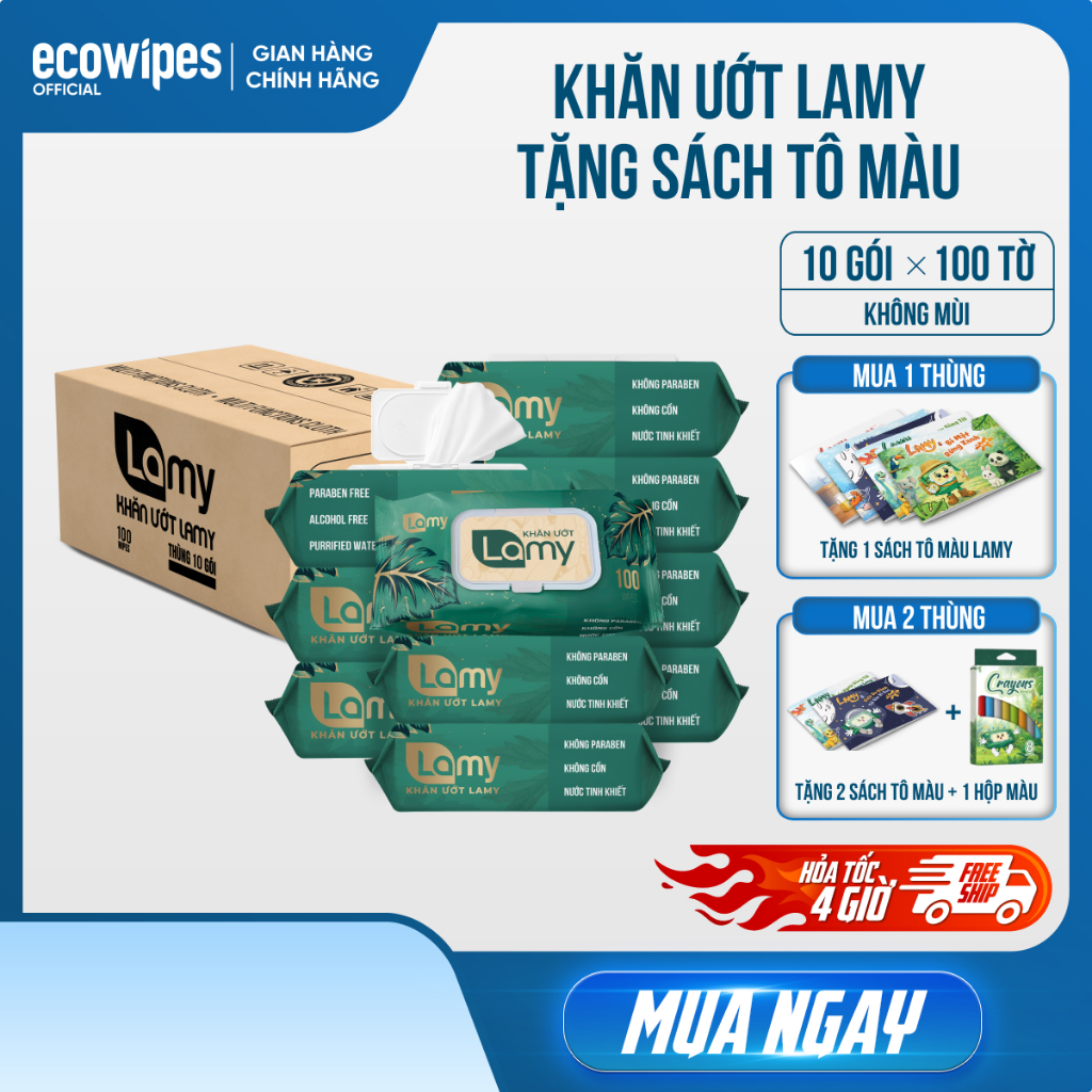 (TẶNG SÁCH TÔ MÀU) Thùng 10 gói khăn ướt Lamy gói lớn 100 tờ không mùi
