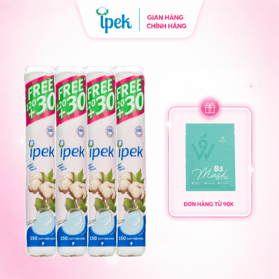 Combo 4 bông tẩy trang cotton Ipek 150 miếng tròn mềm mịn bông tự nhiên không xơ(4 cây x150 miếng)