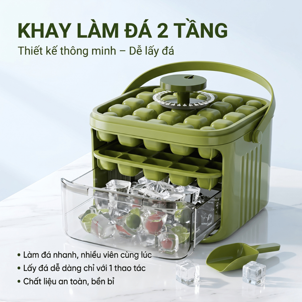 Hộp khay làm đá thông minh 50 viên 2 tầng GEARSHOP nhấn nút lấy đá dễ dàng