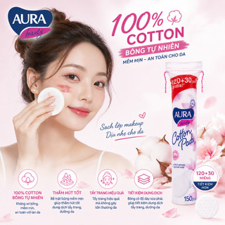 Combo 2 Bông tẩy trang Aura Cotton mềm mịn không xơ 150 miếng