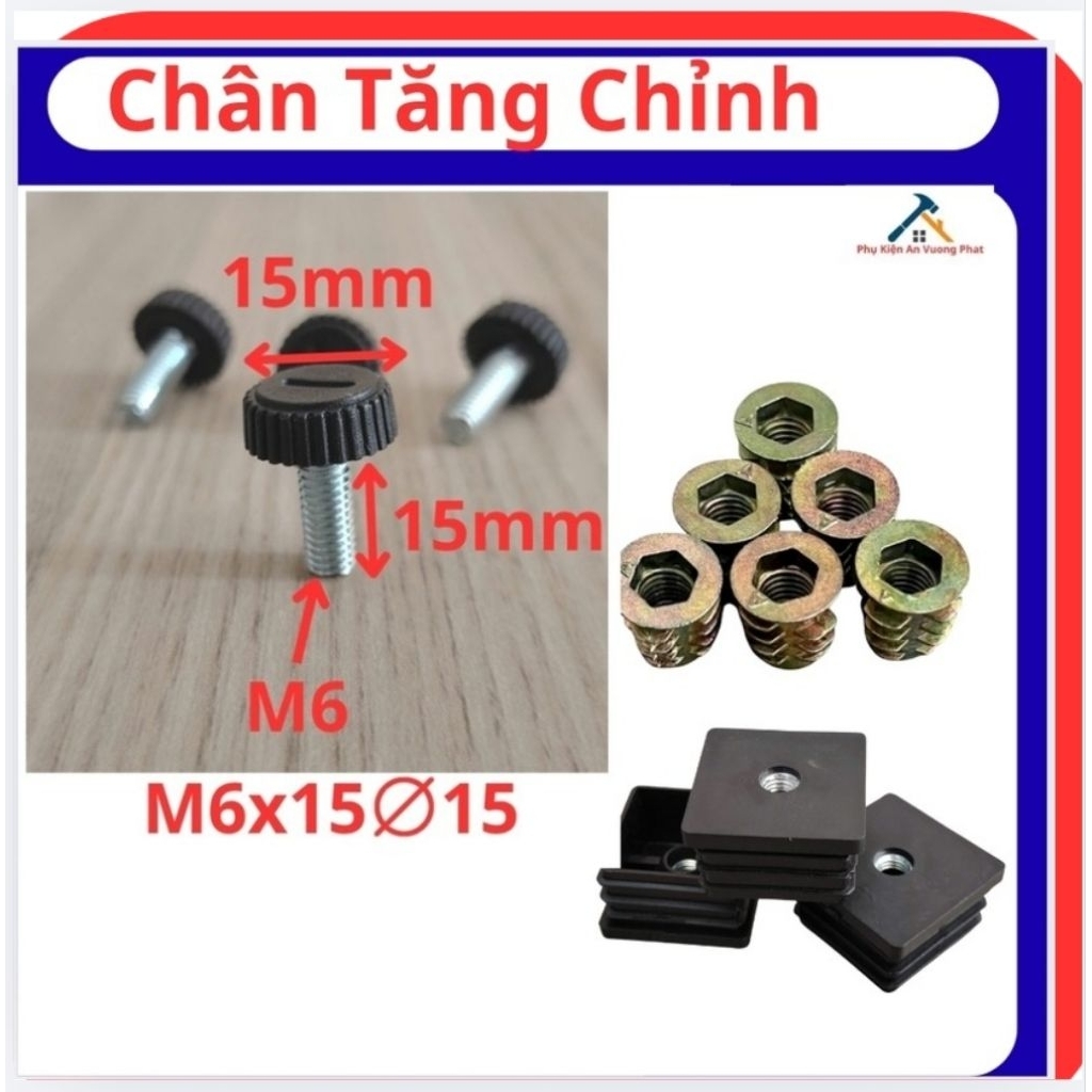 20 Cái Chân Tăng Chỉnh M6x15Fi15, Tăng Chân Nhựa, Ốc Cấy M6x15, Chụp Có Ren M6 Vuông 25x25, Chụp Có 