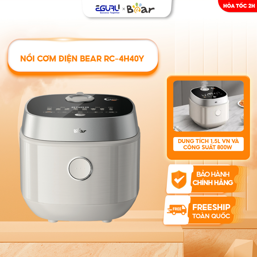 Nồi Cơm Điện 1.5L Bear RC-4H40Y | 800W - Ceramic Pro 9H - 8 Chế Độ Nấu | BH Chính Hãng 18 Tháng