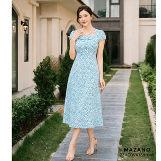 Đầm ôm Chân rủ Vải thô mỏng Hoạ tiết hoa nhí Cổ V Tay ngắn Dài ngang bắp chân nữ Mazano