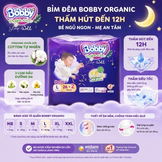 Tã Quần Bobby Organic Sleep Well Ban Đêm , Mỏng nhẹ thoáng khí cho bé