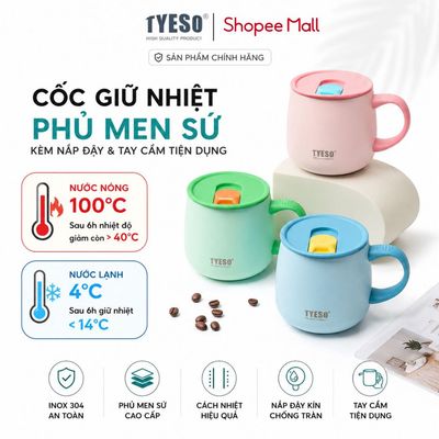 Ly giữ nhiệt Tyeso 355ml phủ men sứ cao cấp kèm nắp đậy và tay cầm tiện dụng hàng chính hãng