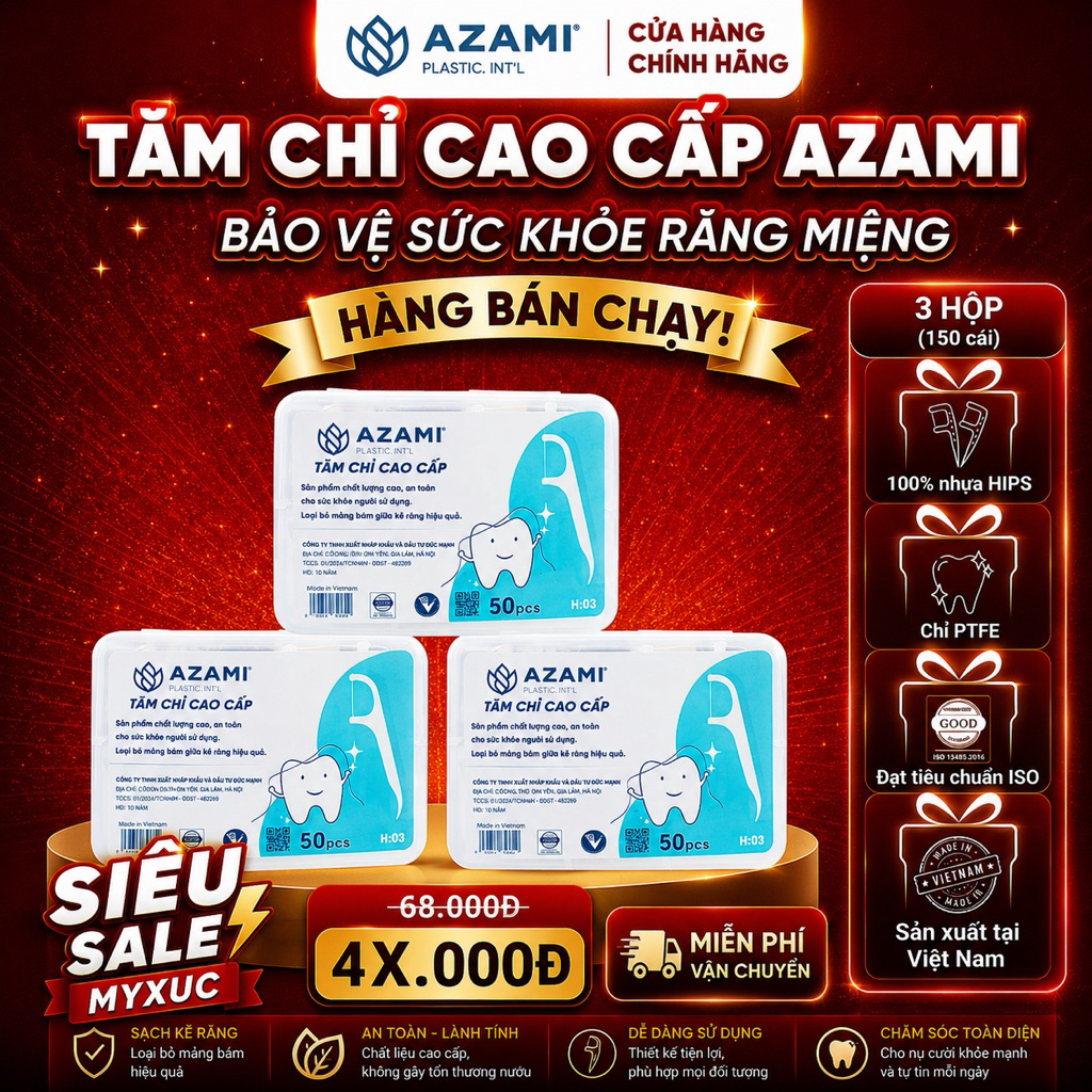 [CHÍNH HÃNG] Combo 3 Hộp 150 cái tăm chỉ cao cấp AZAMI đạt tiêu chuẩn ISO made in Việt Nam