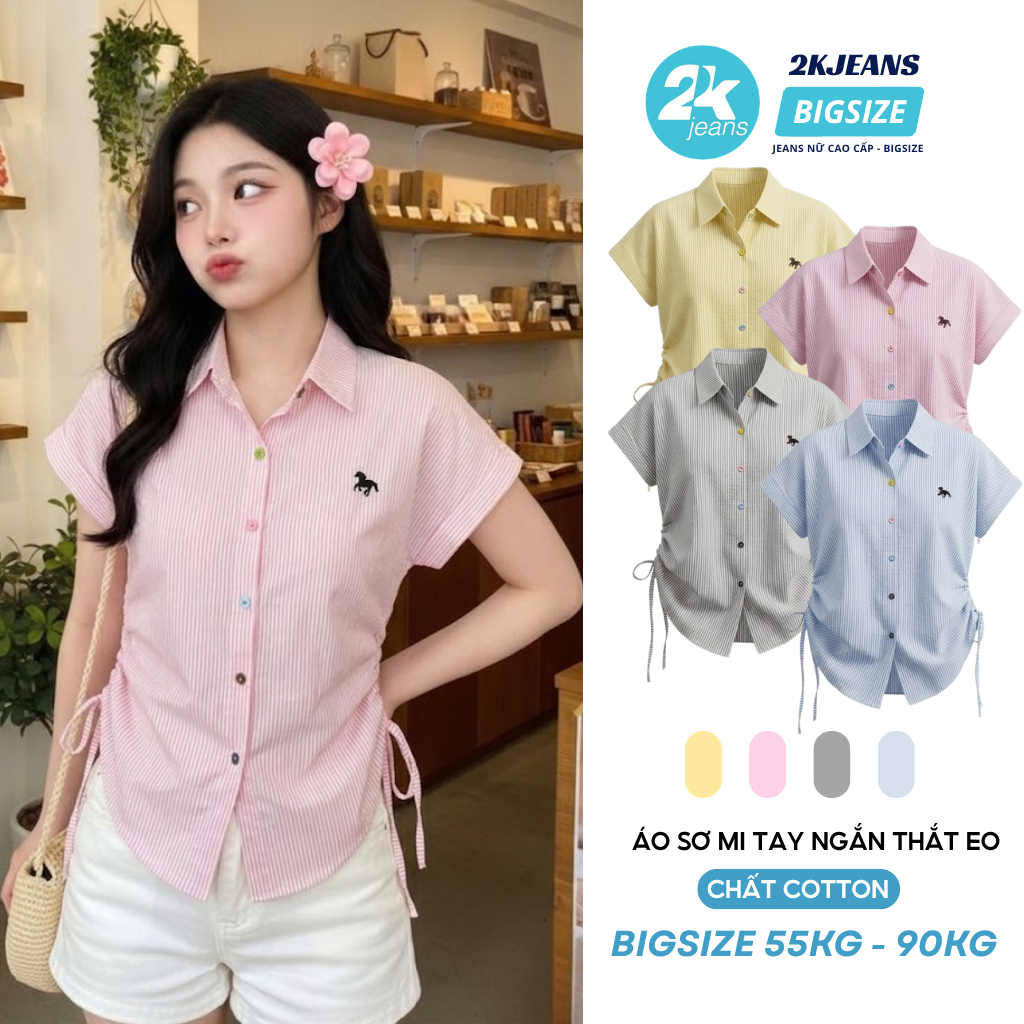 Áo Sơ Mi Nữ Ngắn Tay Thắt Eo Thêu Ngựa 2Kjeans Áo Sơ Mi Kẻ Sọc Bigsize Chất Cotton Co Giãn AT9021