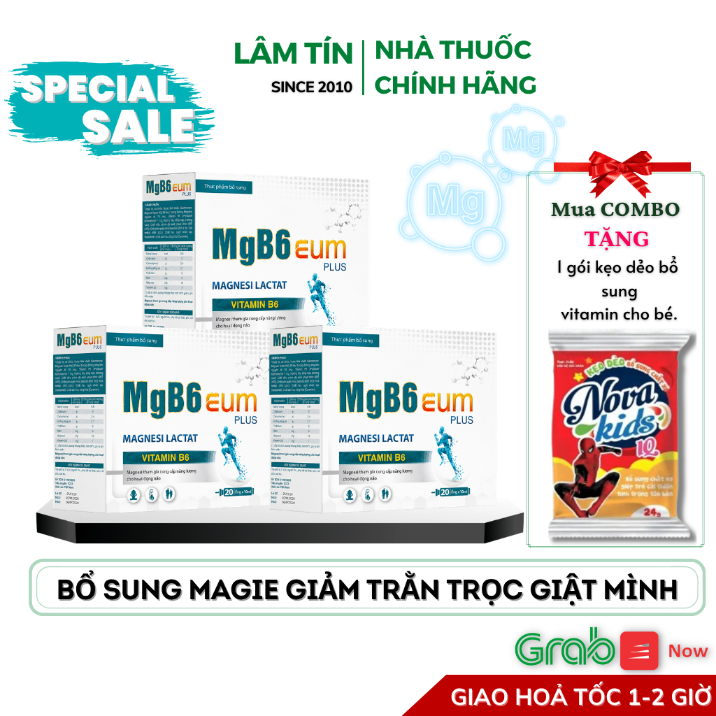 ( Thực phẩm bổ sung ) Combo 3h Magie B6 EUM bổ sung magine giảm trằn trọc cho bé ống uống Hộp 20 ống