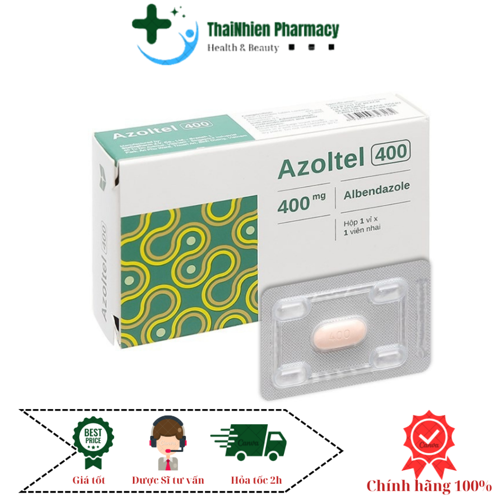 Viên uống Azoltel 400mg (Albendazole 400mg) Hộp 1 viên nén có thể nhai
