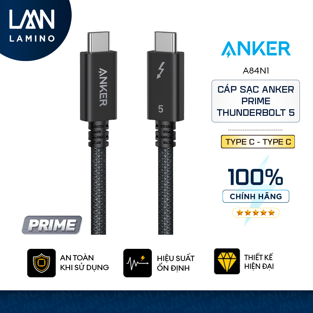 Cáp Anker Prime Thunderbolt 5 80Gbps 240W 0.5m Hỗ trợ 8K, Sạc nhanh MacBook, iPhone 15/16, iPad Pro-