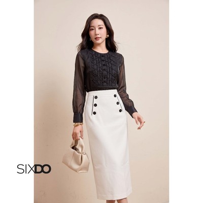 Áo sơ mi nữ cổ tròn dài tay voan tơ SIXDO (Black Organza Blouse)
