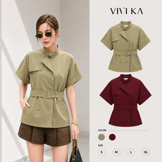 Áo trench coat Ethan VIVIKA áo thiết kế công sở cổ trụ tay ngắn phối belt thời trang nữ thanh lịch sang trọng đi làm