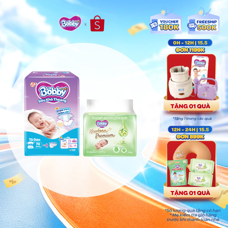 Combo sơ sinh êm ái: Tã dán sơ sinh Bobby NB70 (XS70) & 03 Gói Khăn ướt Bobby Newborn Premium 50 miế