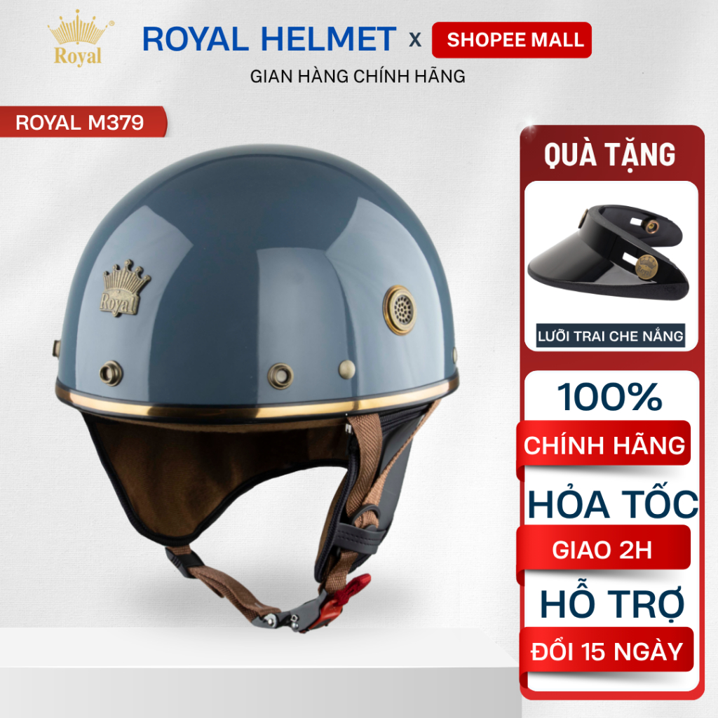 Mũ Bảo Hiểm Royal Nửa Đầu Chính Hãng M379 Tặng Kèm Lưỡi Trai Che Nắng, Mũ Bảo Hiểm 1/2 Royal M379 Na