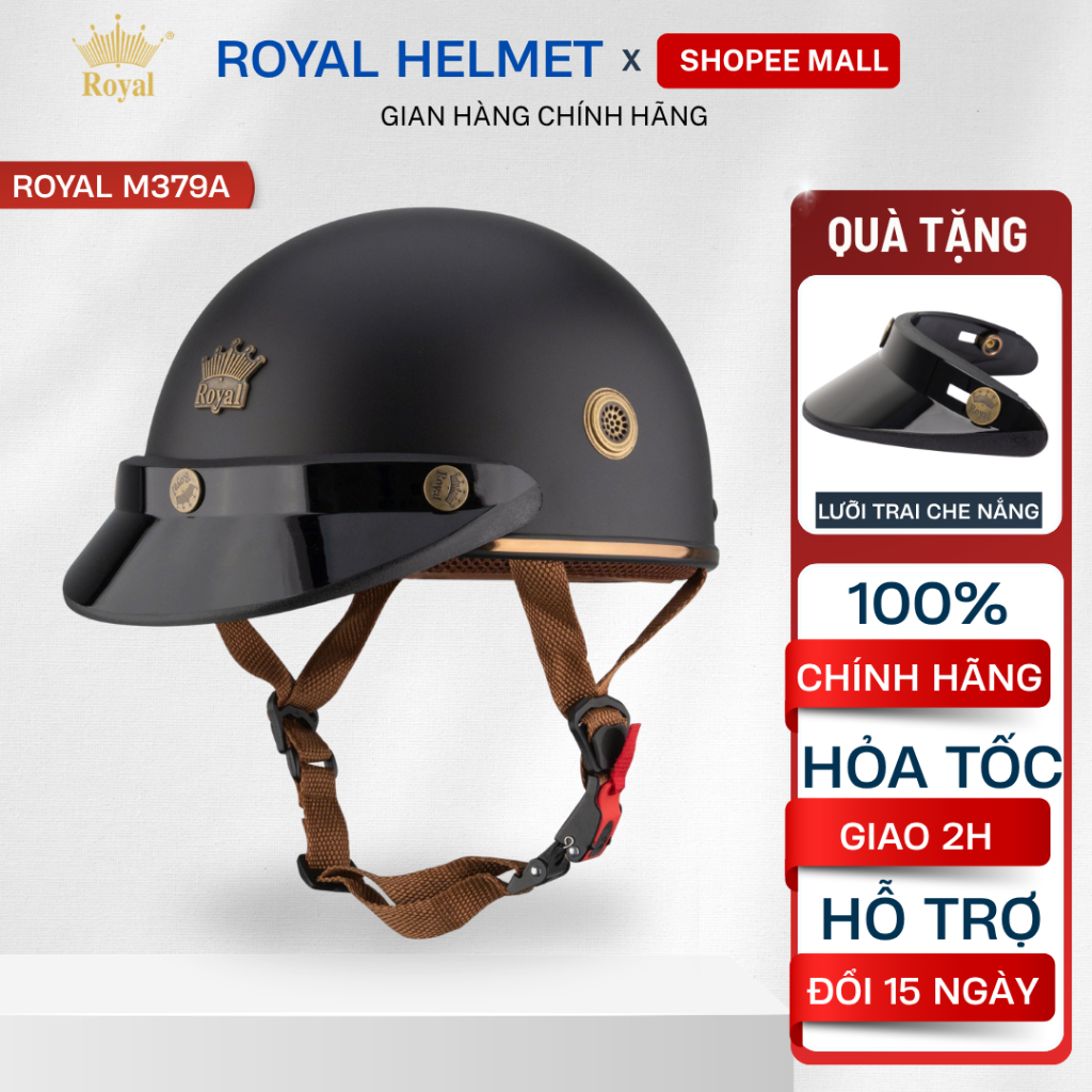 Mũ Bảo Hiểm Nửa Đầu Royal M379A Nam Nữ Tặng Lưỡi Trai, Mũ Bảo Hiểm 1/2 Royal M379 Chính Hãng