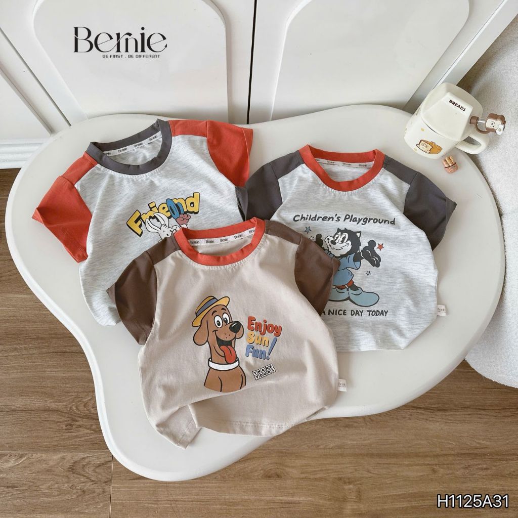 Áo phông áo thun tay ngắn thun cotton họa tiết hoạt hình cho bé trai size 9 tới 28kg BERNIE H1125A31