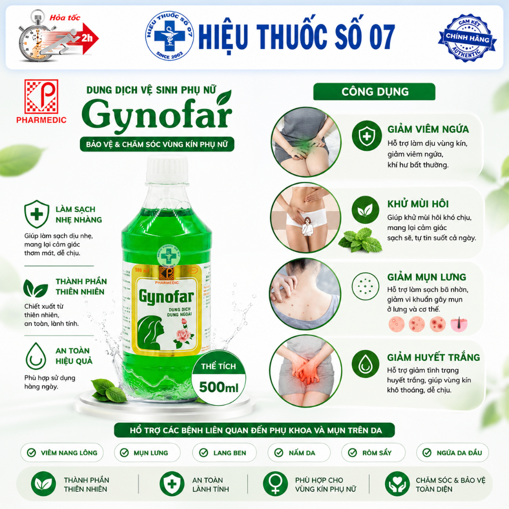 Dung dịch vệ sinh nữ - Gynofar ddvs giảm mụn lưng hiệu quả chai 500ml - Che tên sản phẩm