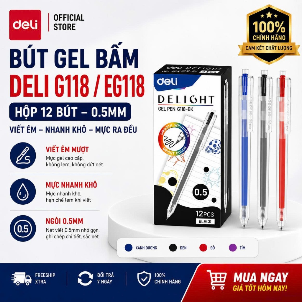 Hộp 12 Bút Gel Bấm Deli G118 / EG118 Chính Hãng – Bút Gel 0.5mm Nhanh Khô, Viết Êm Mượt