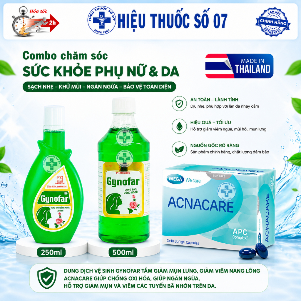 Combo bộ sản phẩm giảm mụn lưng, mụn trứng cá Gynofar và Acnacare - Thái Lan