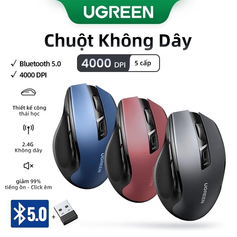 Chuột không dây Bluetooth 5.0, Silent Click, 5 Cấp Độ 4000DPI, Chính Hãng Ugreen 90855 / 15508 / MU0