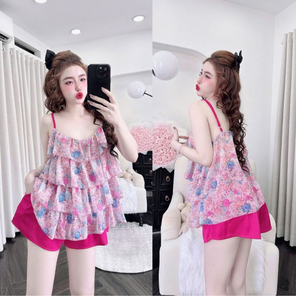 M44 Đồ ngủ sexy BIGSIZE MIKY, Đồ ngủ nữ lụa chiffon phối quần latin cao cấp mềm mại xinh xắn < 80kg
