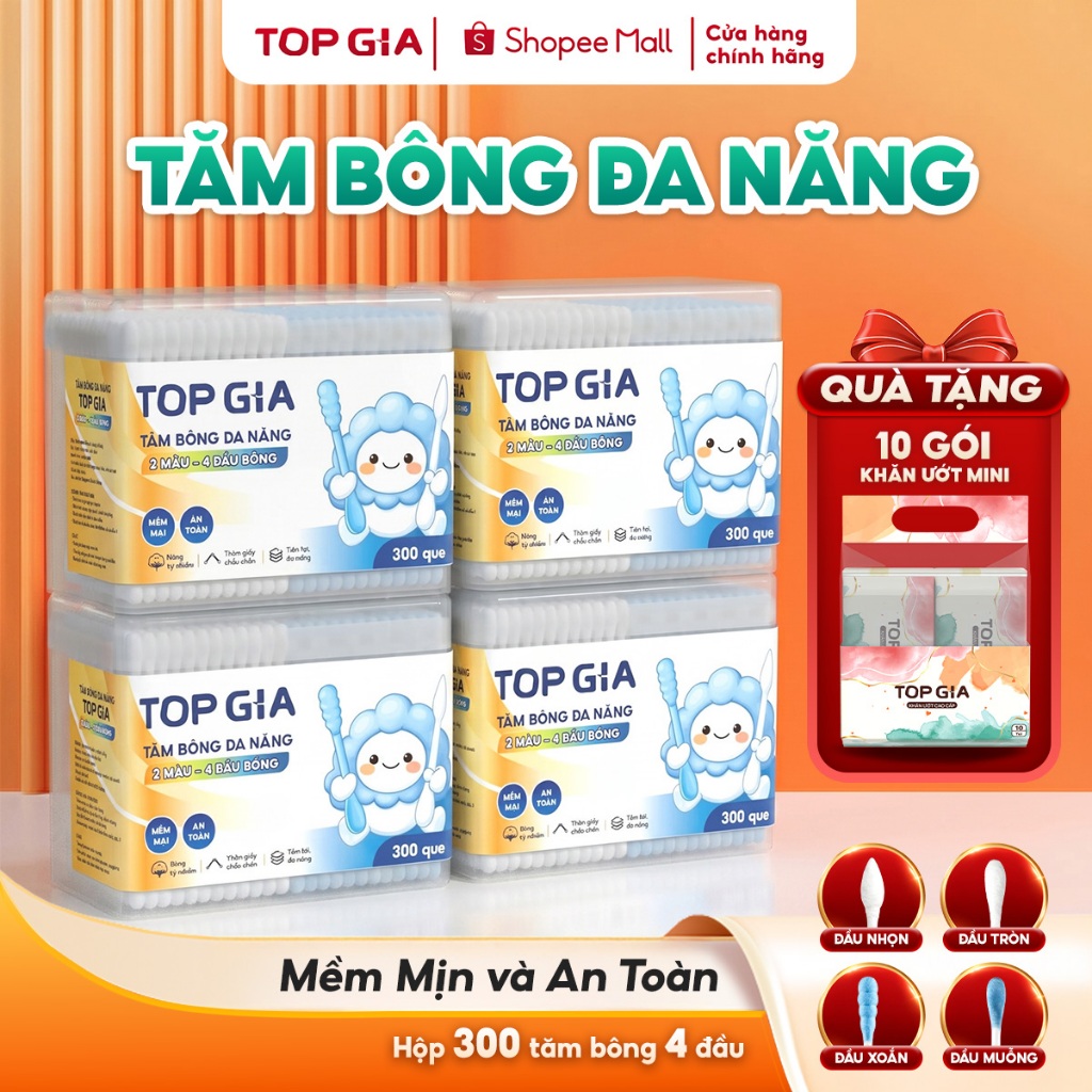 (Tặng 10b khăn ướt mini) Thùng 4 hộp tăm bông đa năng Topgia, hộp 300c 4 đầu mềm mịn