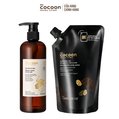 [MUA 2 GIẢM 40%] Combo Gel tắm bí đao 500ml + Túi refill tẩy da chết cà phê body Cocoon 600ml