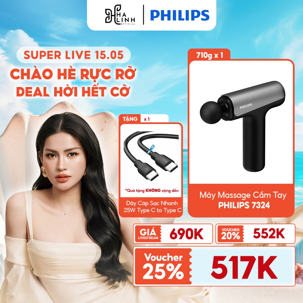[Vo Ha Linh x PHILIPS]Máy Massage Cầm Tay PHILIPS 7324+Dây Cáp Sạc Nhanh 25W