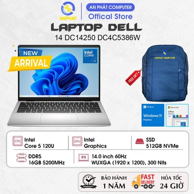 Laptop Dell 14 DC14250 DC4C5386W, Core 5 120U, 16GB RAM, 512GB SSD | Intel Graphics, 14.0 inch FHD+, Win11, Office2024
