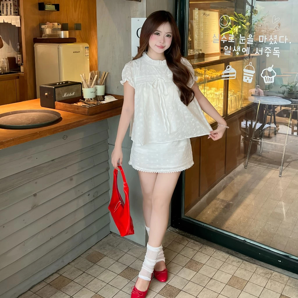 (Hàng L1) Set bộ babydoll 2 lớp tay bồng thô ren thêu hoa, thắt nơ phối chân váy ren Bun222 | BigBuy360 - bigbuy360.vn