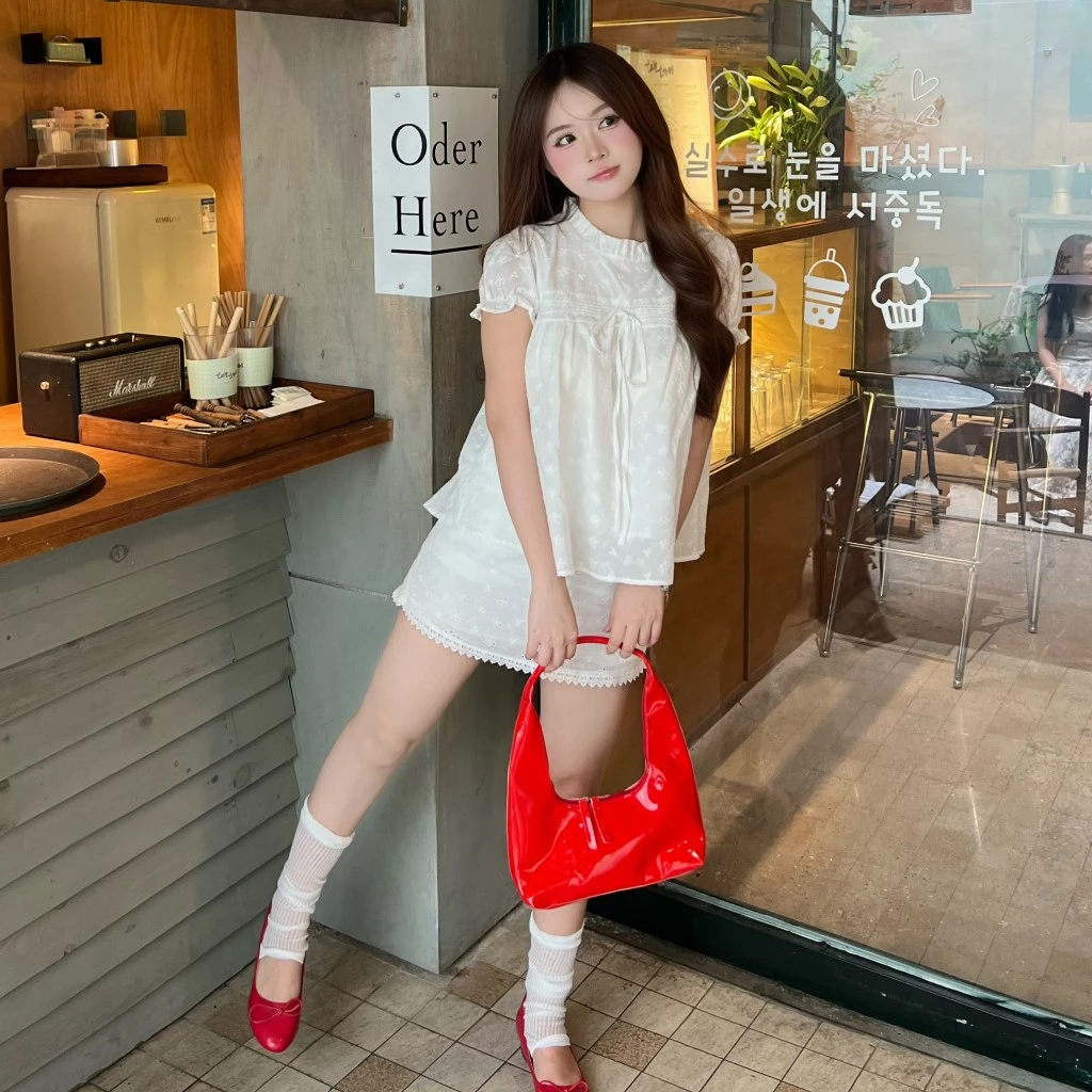 (Hàng L1) Set bộ babydoll 2 lớp tay bồng thô ren thêu hoa, thắt nơ phối chân váy ren Bun222 | BigBuy360 - bigbuy360.vn