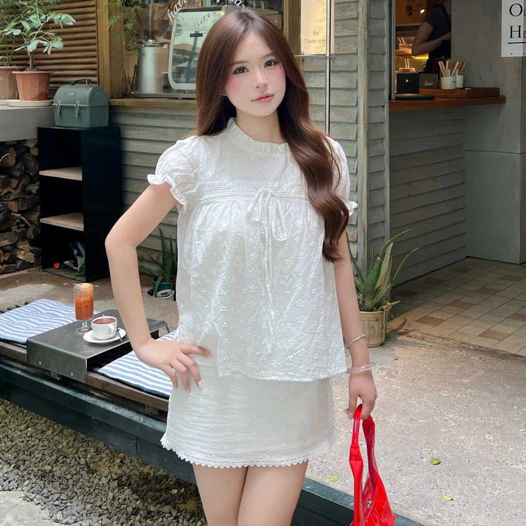 (Hàng L1) Set bộ babydoll 2 lớp tay bồng thô ren thêu hoa, thắt nơ phối chân váy ren Bun222 | BigBuy360 - bigbuy360.vn