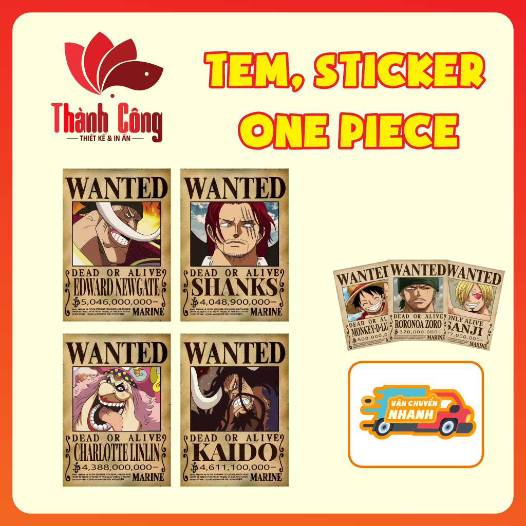 Tem Poster One Piece, kích thước 21x29,7cm phiên bản mới, Poster truy nã One Piece
