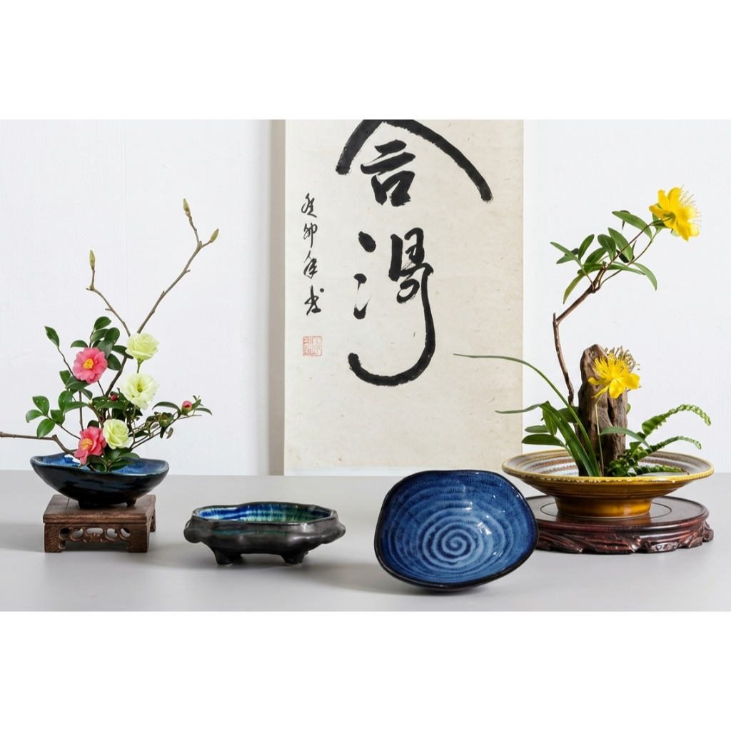 chậu cắm bonsai ikebana dạng đĩa có chân dáng thấp IKE3 thích hợp bày hoa quả trang trí