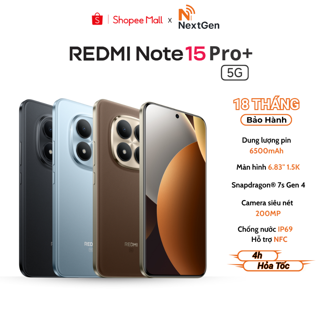 Điện thoại Xiaomi Redmi Note 15 Pro+ (Plus) 5G 12/256GB, Màn Hình 6.83 Inch - Bảo Hành 18 Tháng
