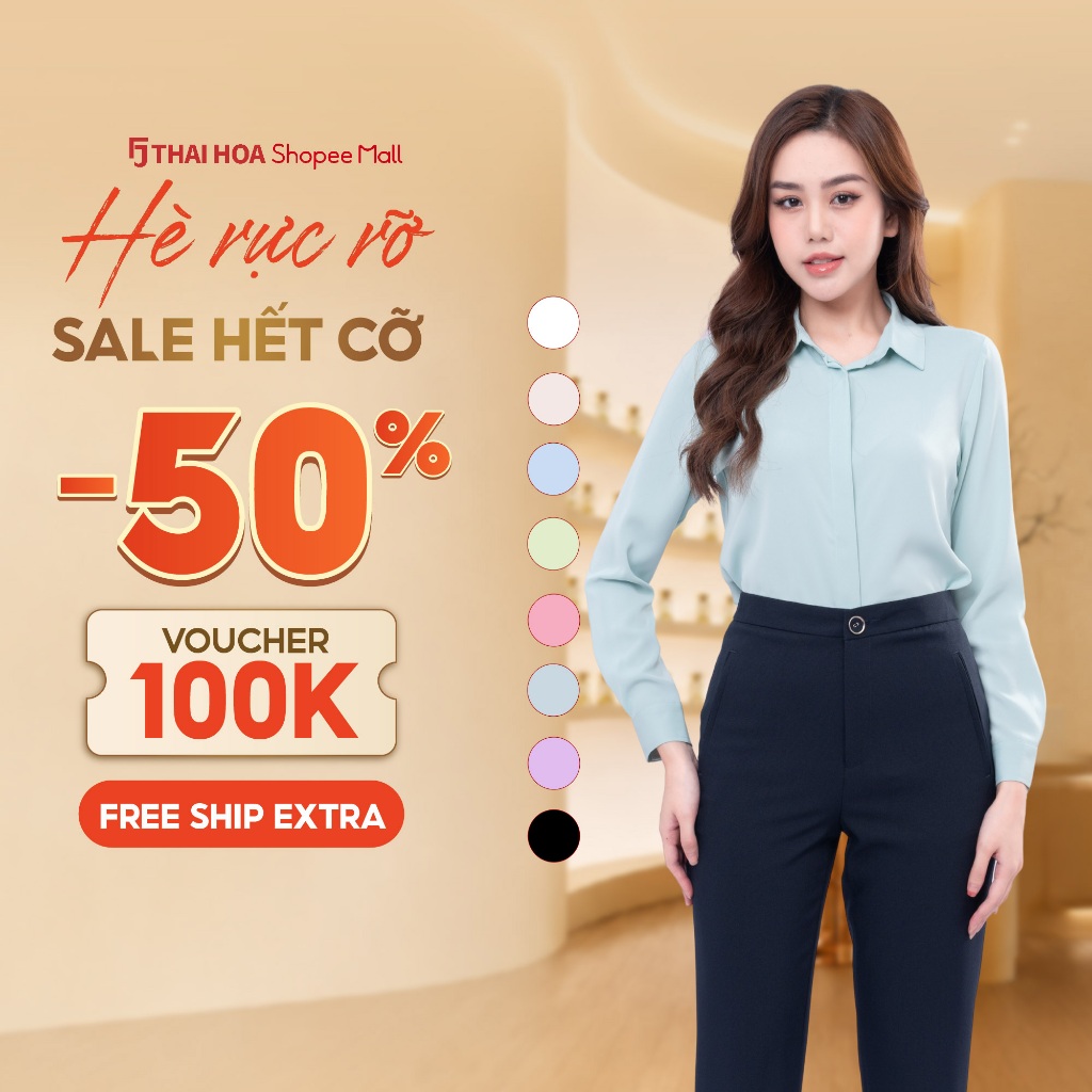 Áo sơ mi nữ R17 thiết kế dài tay sợi sen trơn form suông công sở Thái Hòa