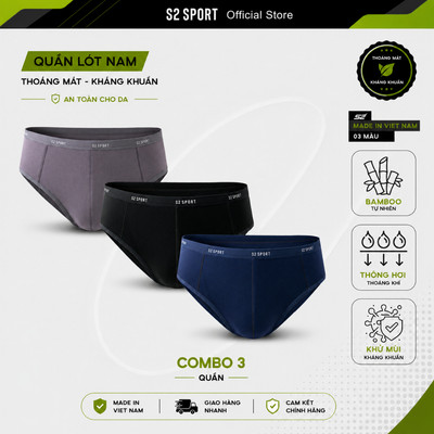 COMBO 3 Quần lót nam S2 SPORT cạp nhỏ sợi tre bamboo cao cấp kháng khuẩn cho người béo - SBF02.CB3