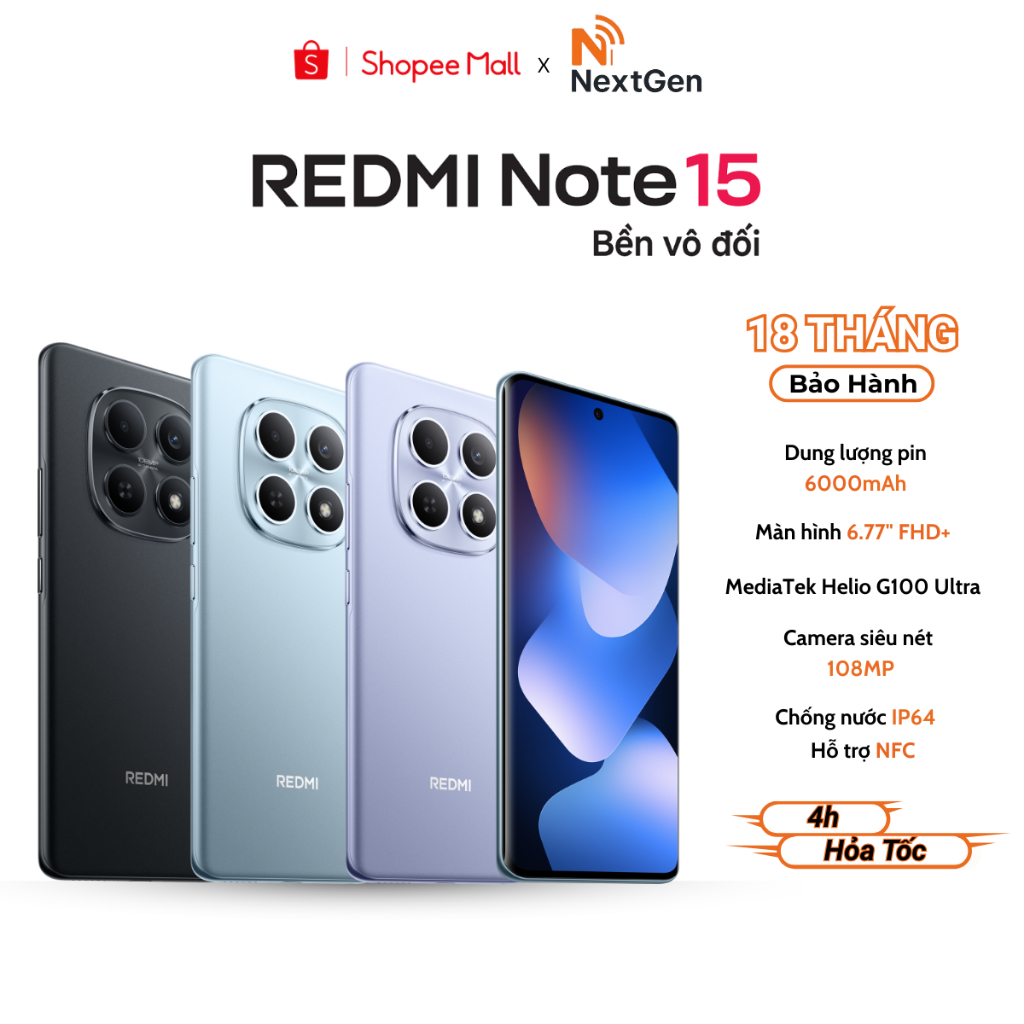 Điện thoại Xiaomi Redmi Note 15 4G - Pin 6000 mAh, Màn Hình 6.77 Inch - Bảo Hành 18 Tháng Chính Hãng