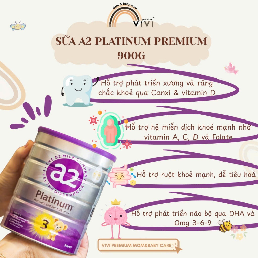 (Combo quà tặng) Sữa A2 Platinum số 1, 2, 3, 4 cho bé phát triển toàn diện Lon 900g - ViVi Premium M