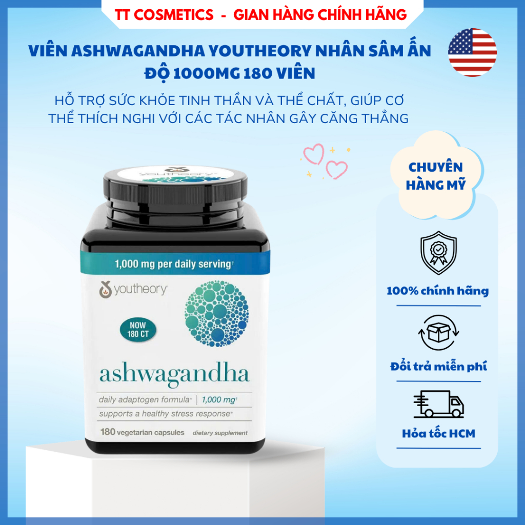 Viên Ashwagandha Youtheory Nhân Sâm Ấn Độ 1000mg 180 Viên