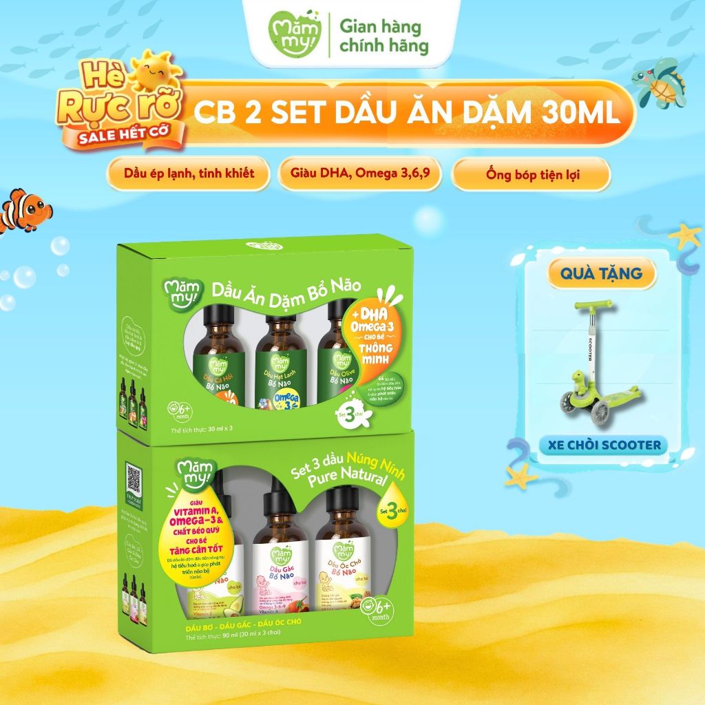 Combo 2 set 3 dầu ăn dặm Mămmy dầu olive, cá hồi, hạt lanh, óc chó, bơ, gấc đỏ cho bé 6 tháng, 30ml