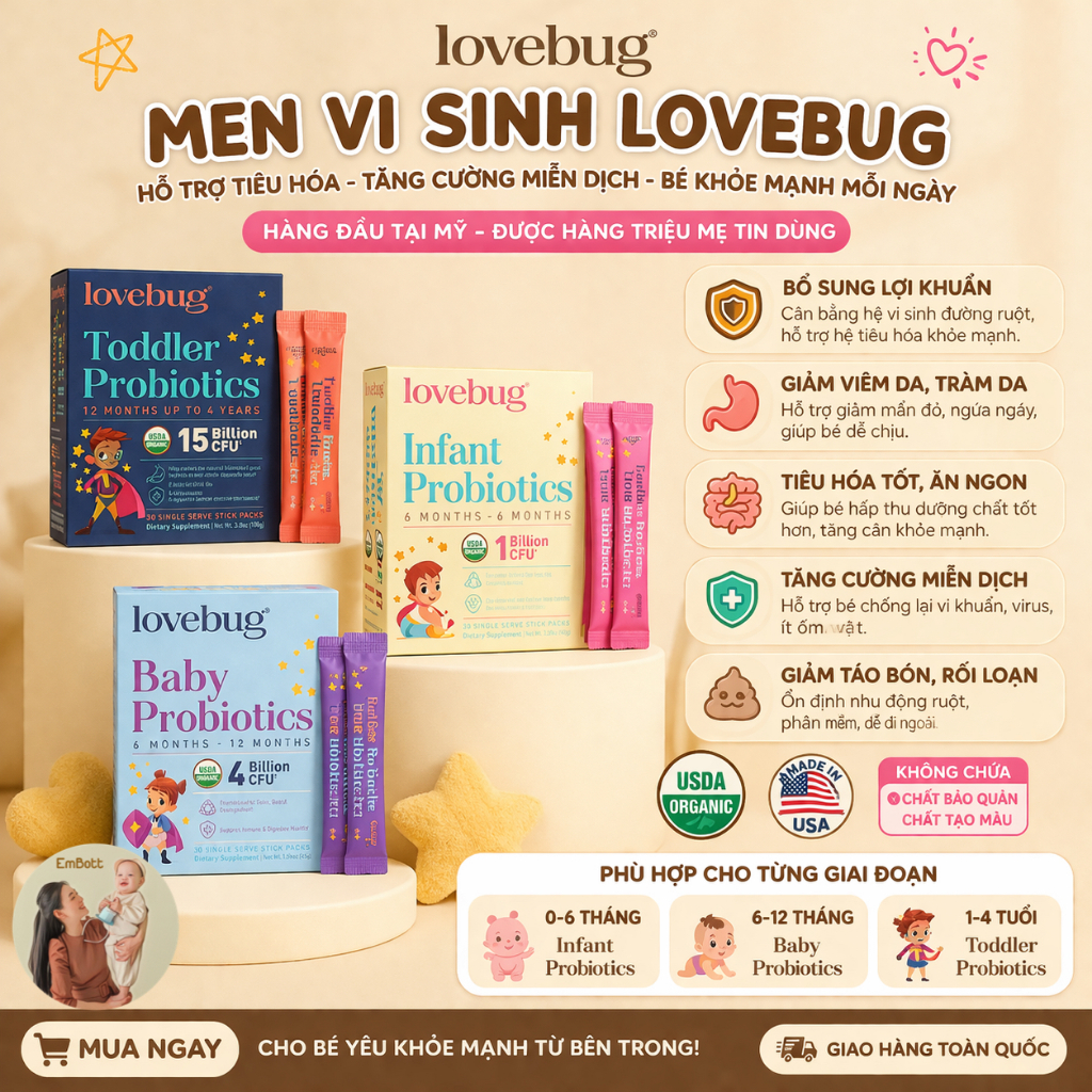 Men Vi Sinh Lovebug – Bổ Sung Lợi Khuẩn Hỗ Trợ Hệ Tiêu Hóa, Dạng Gói/Dạng Viên hàng Mỹ