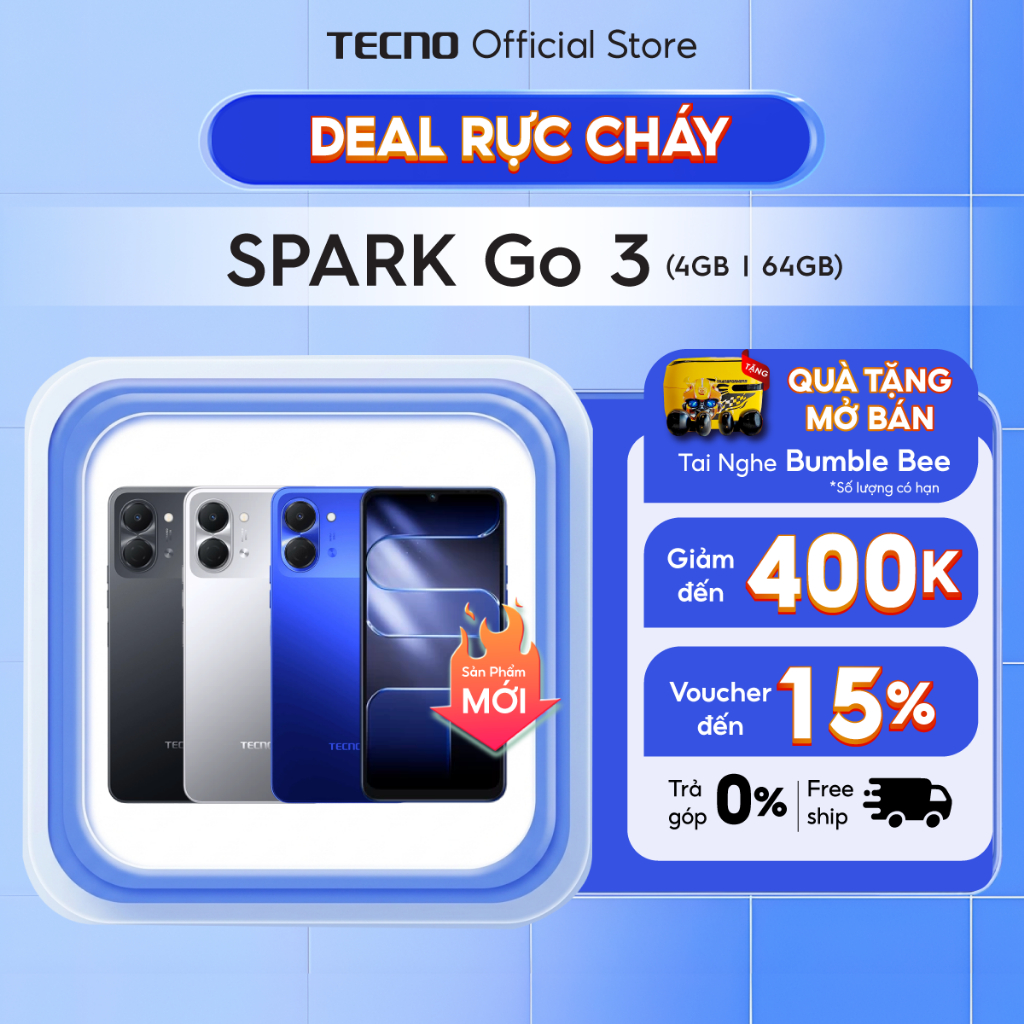 Điện thoại TECNO SPARK Go 3 (4+4)GB/64GB - Pin 5000mAh | Freelink 2.0 | IP64 | TECNO AI | Màn hình 6