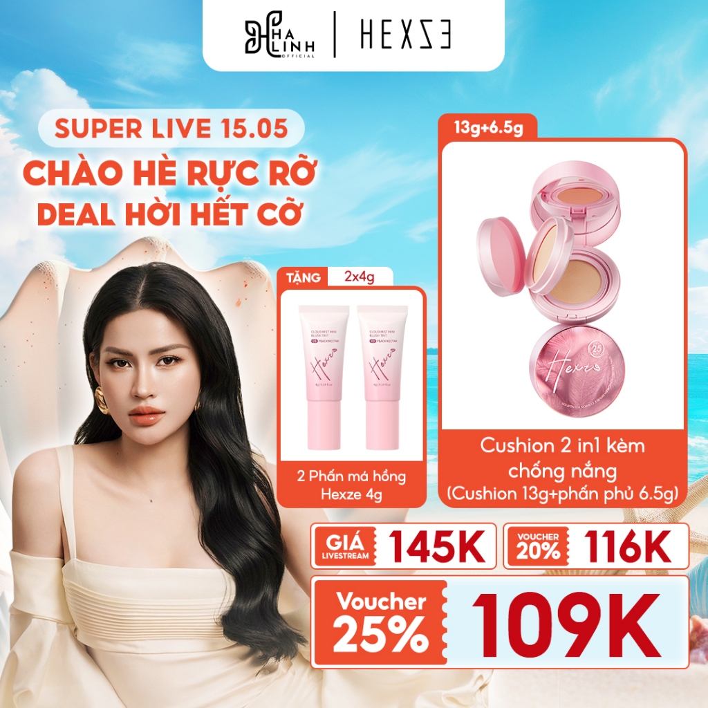 [Võ HÀ LINH X HEXZE] Cushion 2 in1 kèm chống nắng (Cushion 13g+phấn phủ 6.5g) Spf25, PA+++ Tặng kèm 