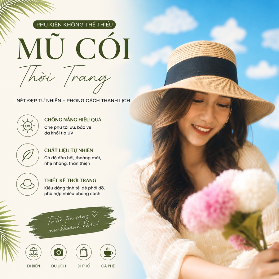 Mũ Cói Vành Cụp Nơ Đen Đi Biển