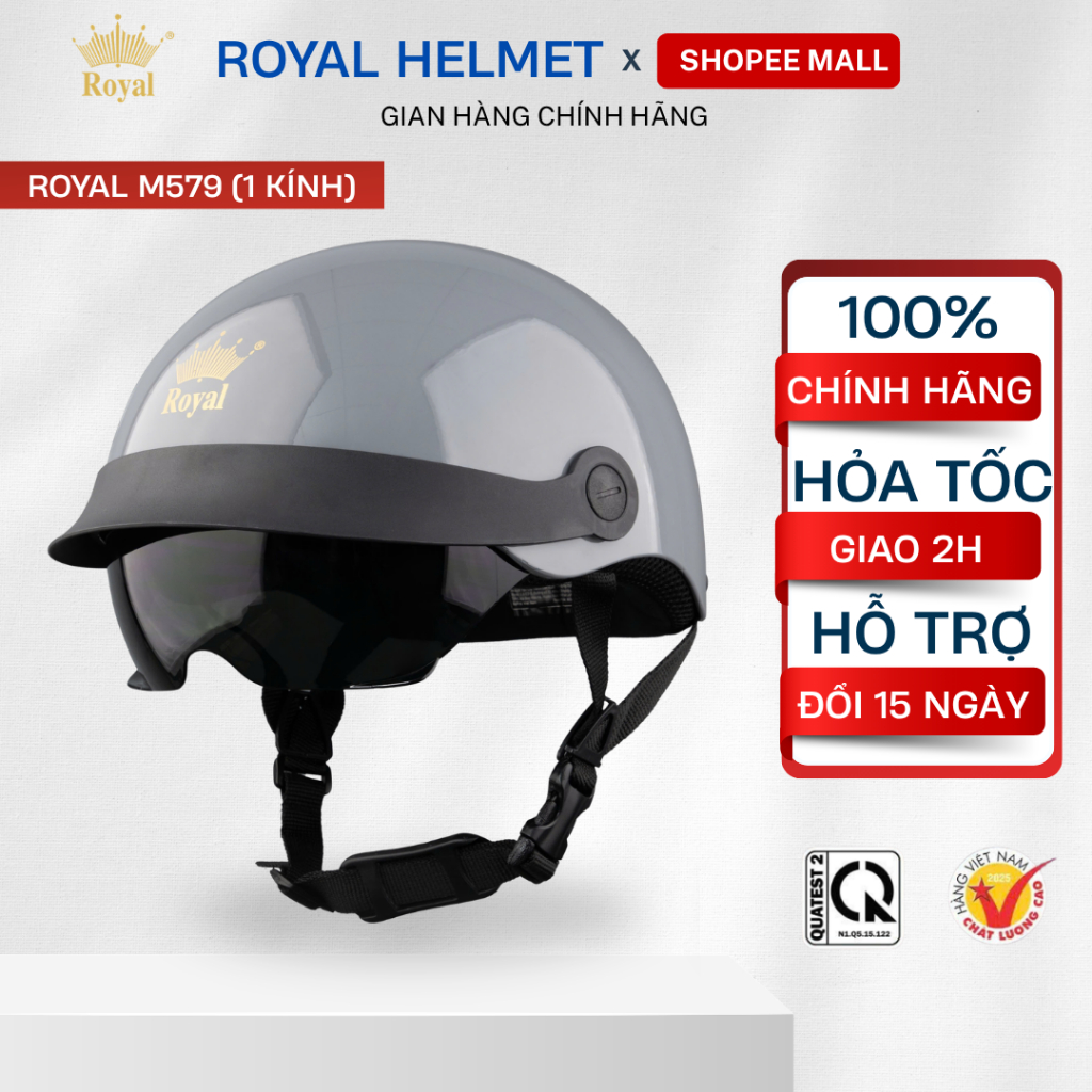 Mũ Bảo Hiểm Royal Nửa Đầu Chính Hãng M579K Kính Dài Chắn Gió Nam Nữ, Mũ Bảo Hiểm Nửa Đầu Royal Kính 