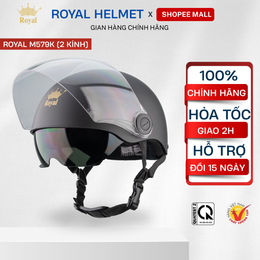 Mũ Bảo Hiểm Royal Chính Hãng Nửa Đầu M579K Kính Dài Chắn Gió, Mũ Bảo Hiểm Royal 2 Kính Nam Nữ