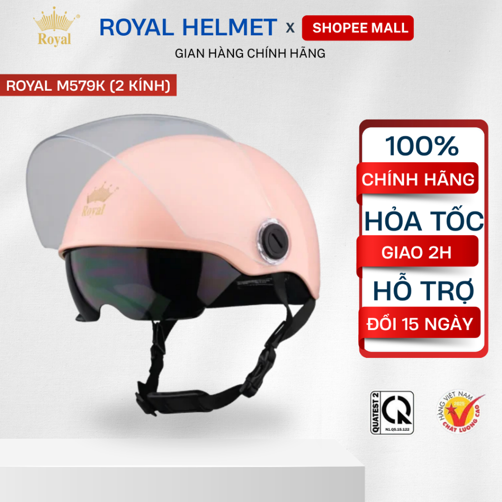 Mũ Bảo Hiểm Nửa Đầu Royal M579K Chính Hãng Kính Âm Dài Chắn Gió Dòng 2 Kính Tiện Lợi Cho Nam Nữ