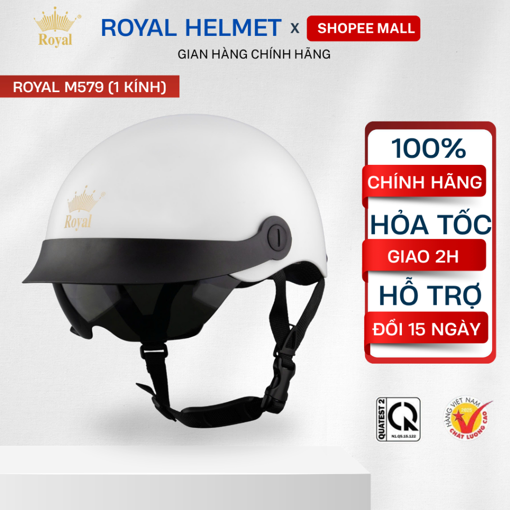 Mũ Bảo Hiểm Nửa Đầu Royal M579 Kính Âm Râm Đen, Mũ Bảo Hiểm Royal Chính Hãng M579k Có Kính Chắn Gió 