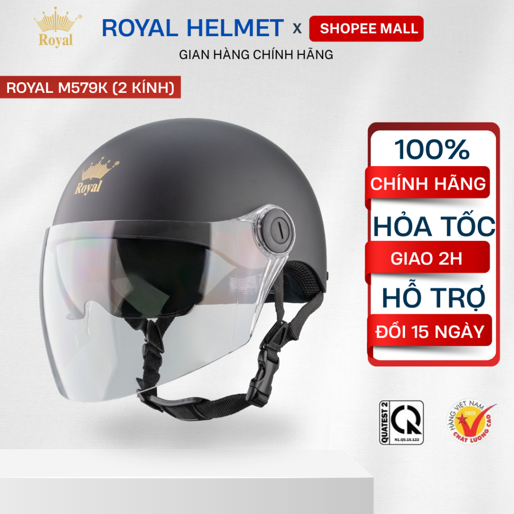 Mũ Bảo Hiểm Nửa Đầu Royal M579K Chính Hãng 2 Kính Nam Nữ, Mũ Bảo Hiểm Royal Kính Âm Dài Có Kính Chắn